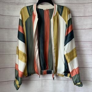 Mystree Striped Satin Raglan Bomber Jacket Baseball Zip Up Color Block Size L